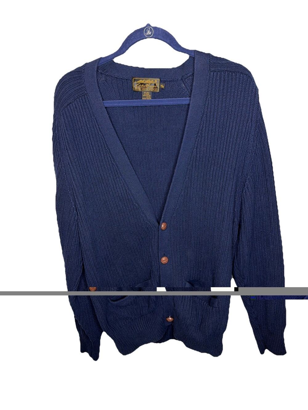 Vintage Eddie Bauer M Cardigan Cable Knit Sweater Blue Grandpa Core 90’s Preppy